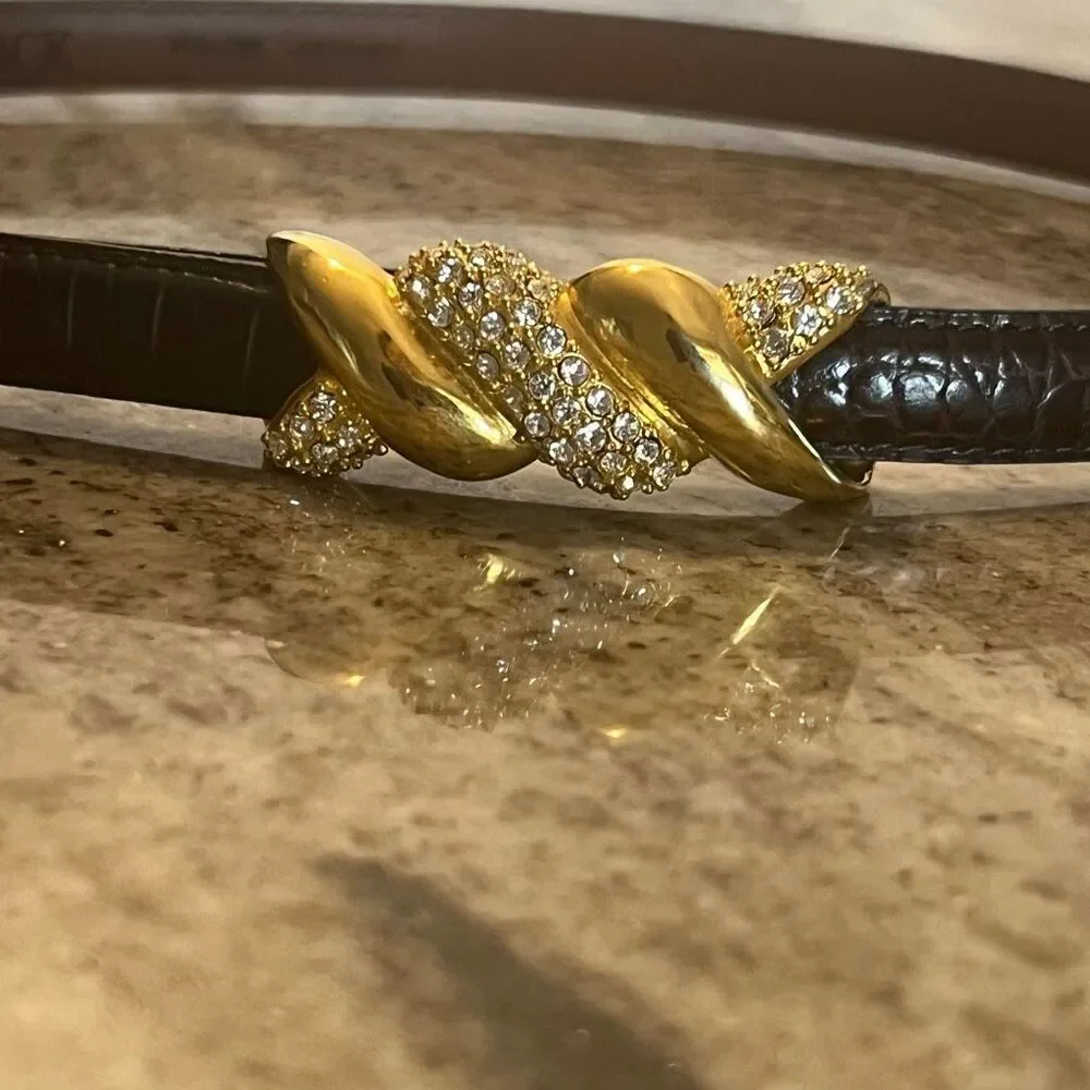 Terry Stack Vintage Brown Leather Belt Gold Rhinestone Accent Bead Women’s Small